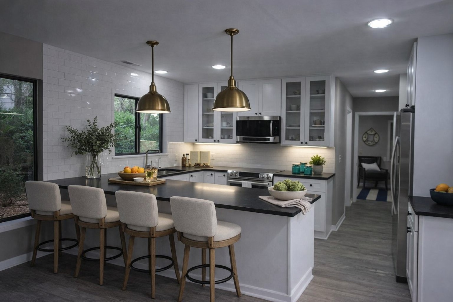 Минималистичная кухня с черным полуостровом