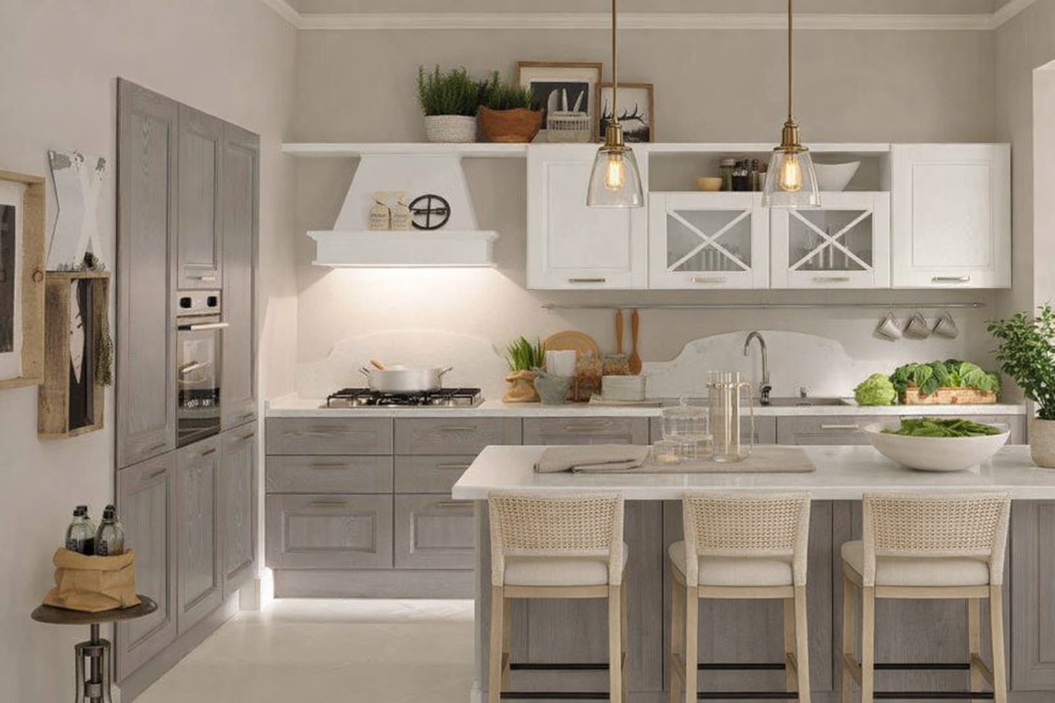Кухня в стиле прованс с полуостровом пастельного цвета